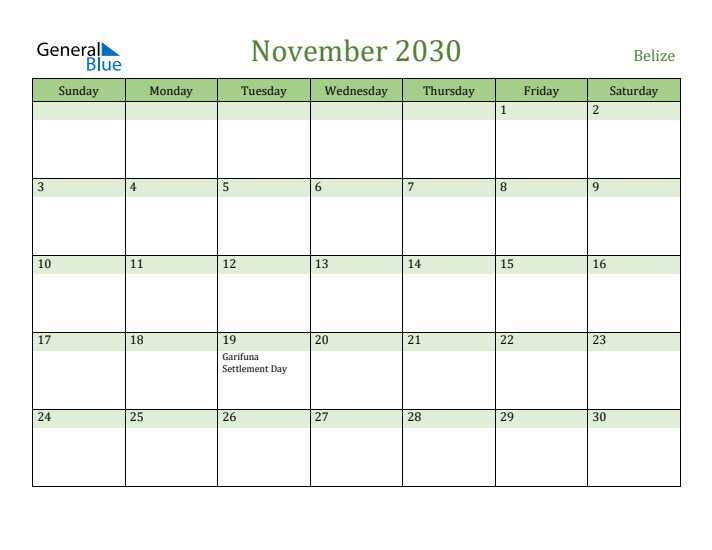 November 2030 Calendar with Belize Holidays