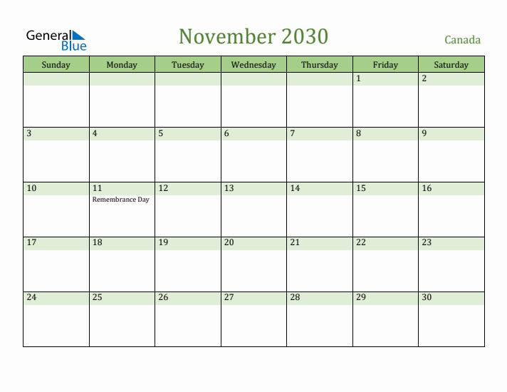 November 2030 Calendar with Canada Holidays