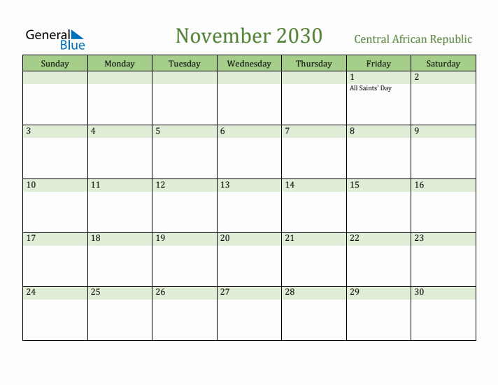 November 2030 Calendar with Central African Republic Holidays