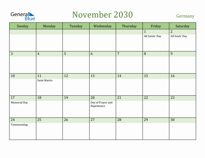 November 2030 Calendar with Germany Holidays