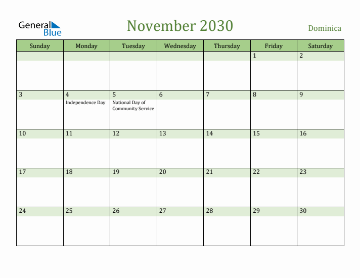 November 2030 Calendar with Dominica Holidays
