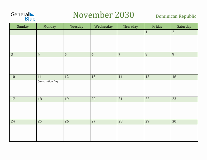 November 2030 Calendar with Dominican Republic Holidays