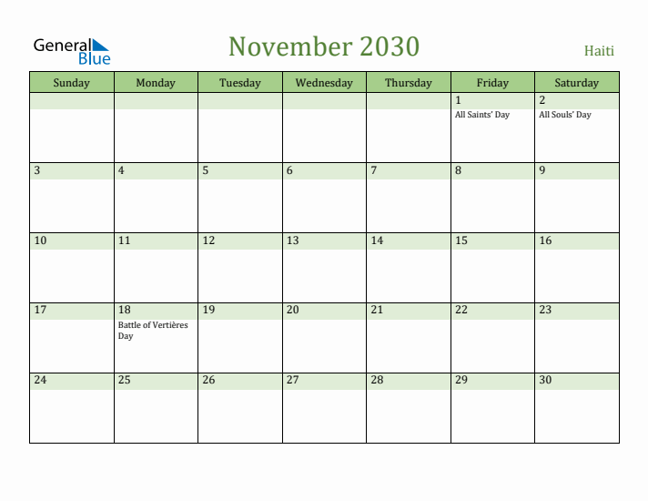 November 2030 Calendar with Haiti Holidays