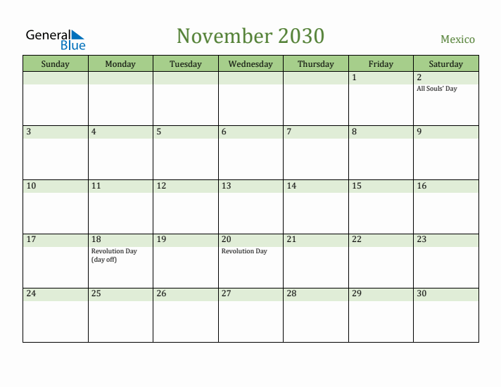 November 2030 Calendar with Mexico Holidays