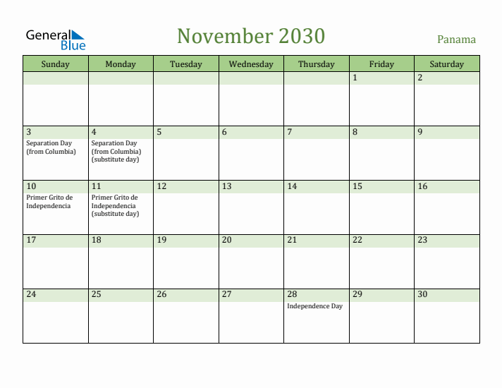 November 2030 Calendar with Panama Holidays