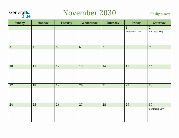 November 2030 Calendar with Philippines Holidays