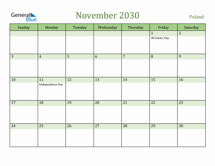 November 2030 Calendar with Poland Holidays