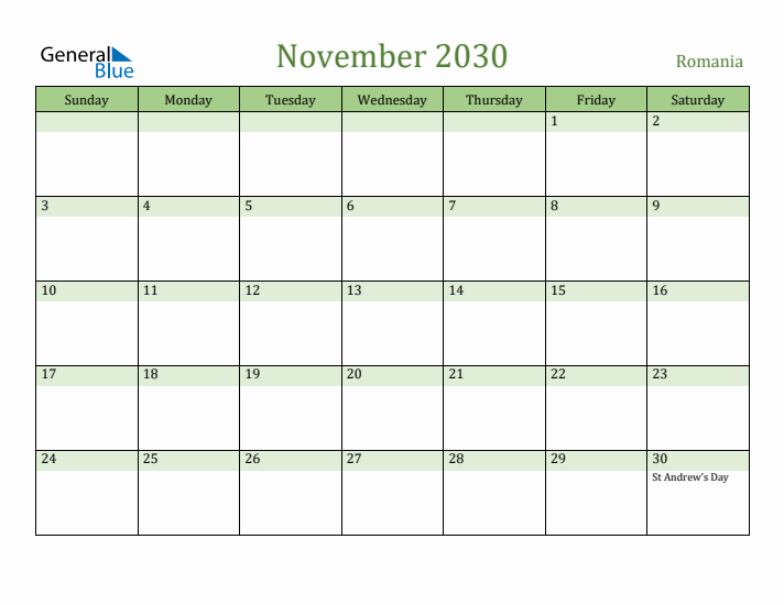 November 2030 Calendar with Romania Holidays