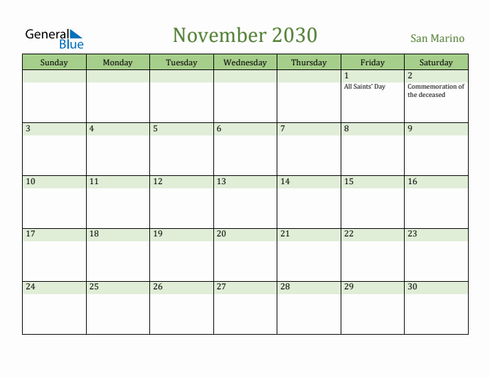 November 2030 Calendar with San Marino Holidays
