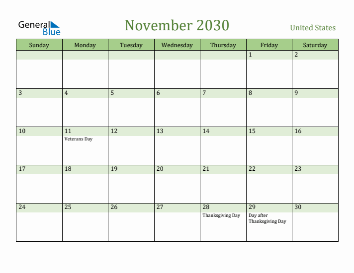 November 2030 Calendar with United States Holidays