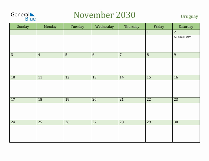 November 2030 Calendar with Uruguay Holidays