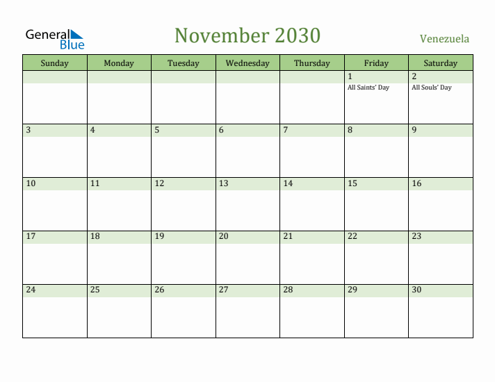 November 2030 Calendar with Venezuela Holidays