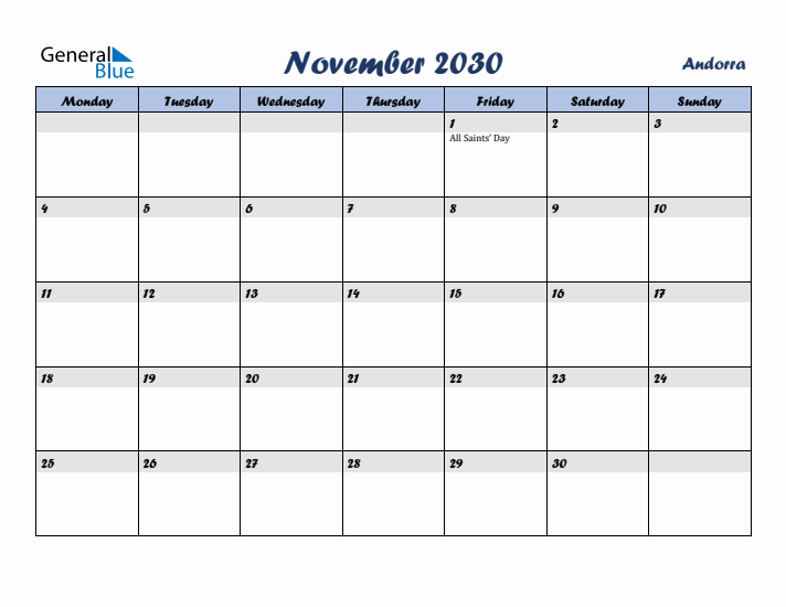 November 2030 Calendar with Holidays in Andorra