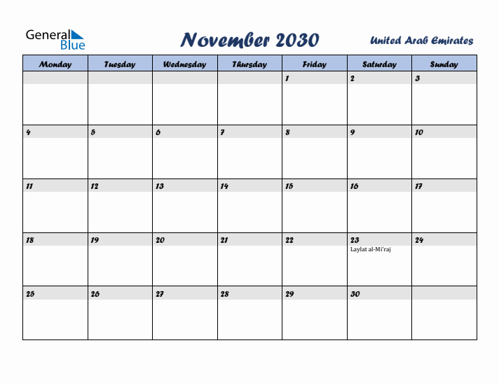 November 2030 Calendar with Holidays in United Arab Emirates