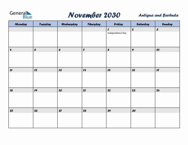 November 2030 Calendar with Holidays in Antigua and Barbuda