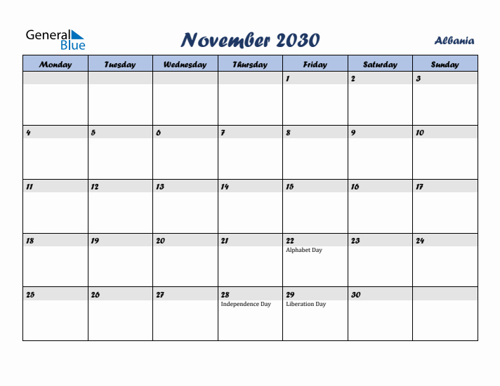 November 2030 Calendar with Holidays in Albania
