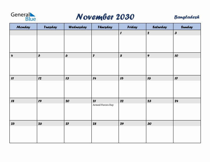November 2030 Calendar with Holidays in Bangladesh