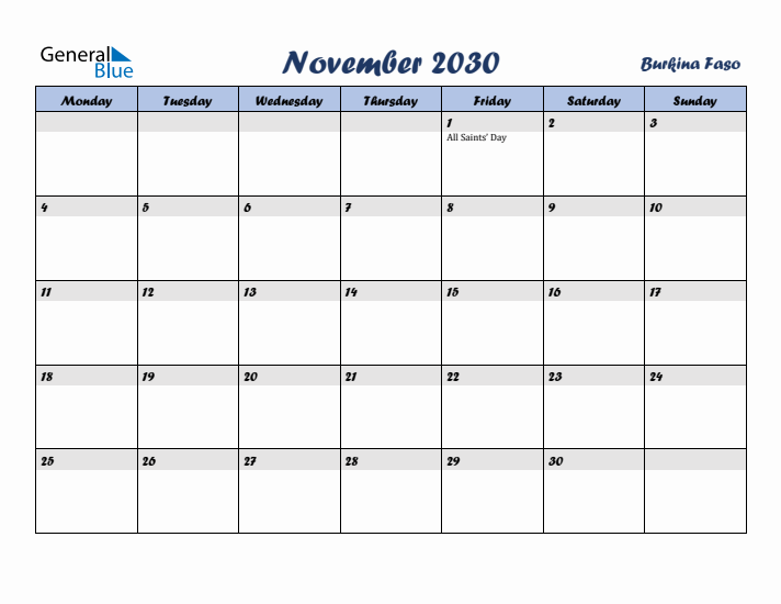 November 2030 Calendar with Holidays in Burkina Faso