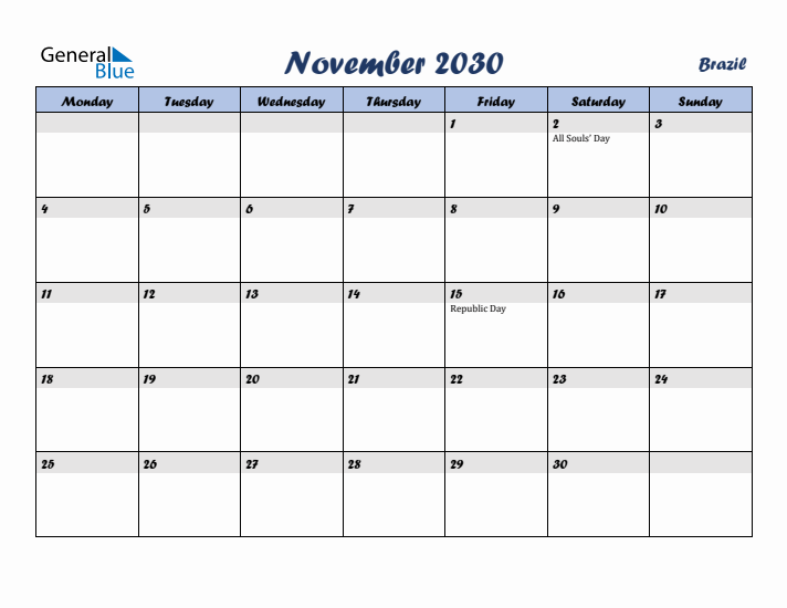 November 2030 Calendar with Holidays in Brazil