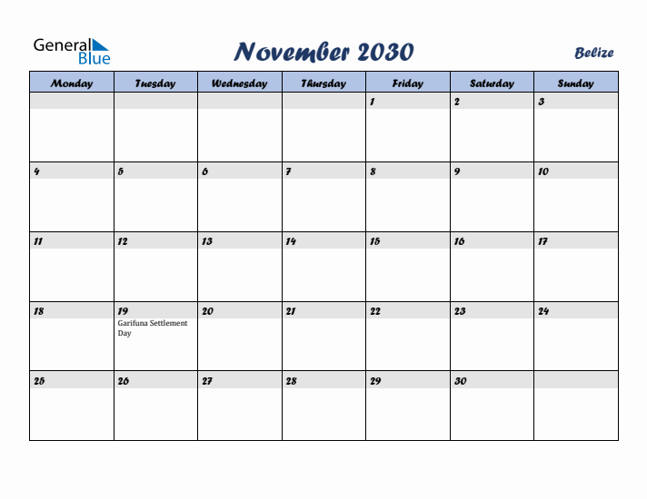 November 2030 Calendar with Holidays in Belize