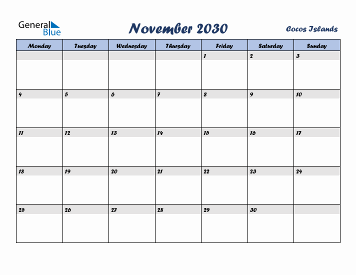 November 2030 Calendar with Holidays in Cocos Islands