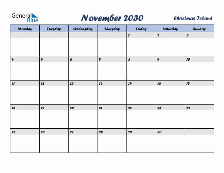 November 2030 Calendar with Holidays in Christmas Island