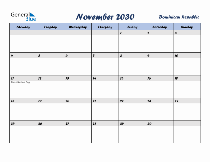 November 2030 Calendar with Holidays in Dominican Republic