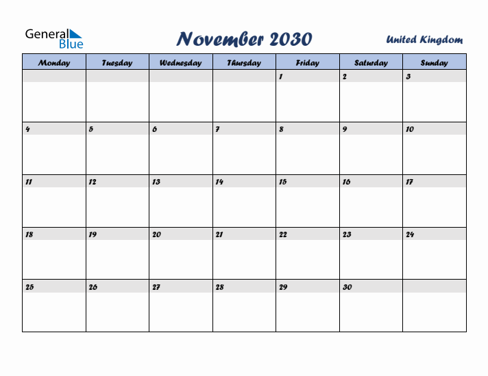 November 2030 Calendar with Holidays in United Kingdom