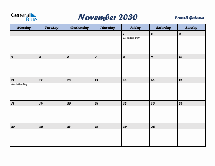November 2030 Calendar with Holidays in French Guiana