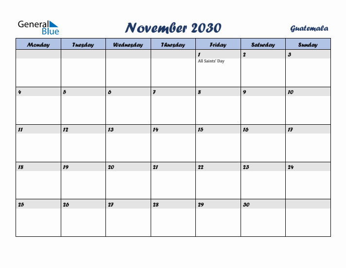 November 2030 Calendar with Holidays in Guatemala