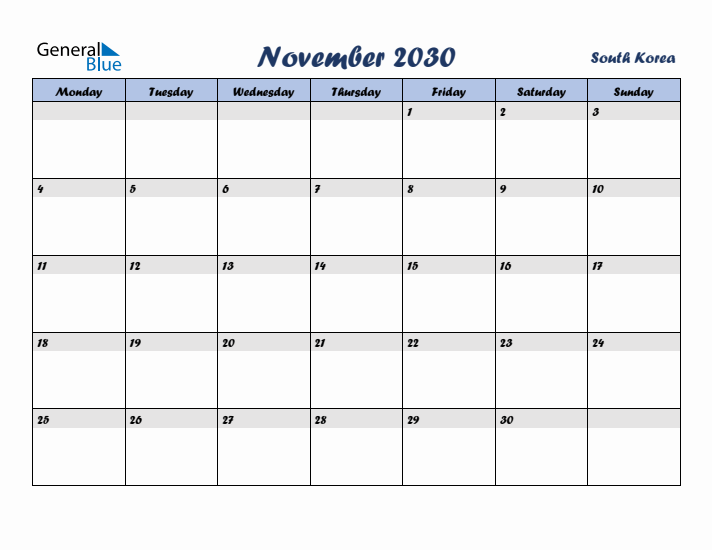 November 2030 Calendar with Holidays in South Korea
