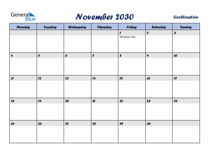 November 2030 Calendar with Holidays in Liechtenstein