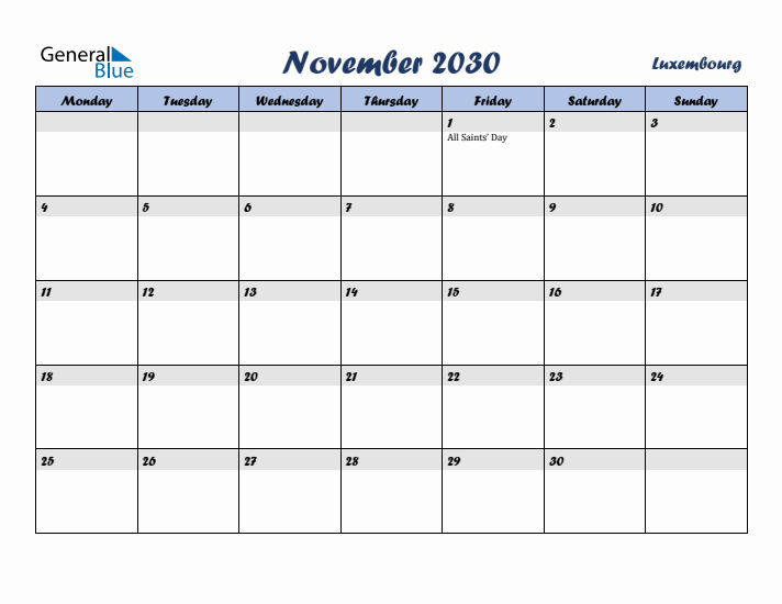 November 2030 Calendar with Holidays in Luxembourg