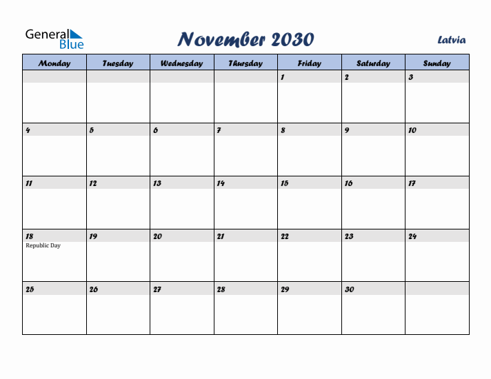 November 2030 Calendar with Holidays in Latvia