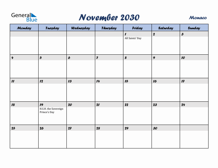 November 2030 Calendar with Holidays in Monaco