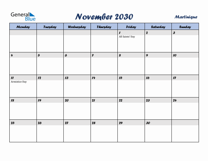 November 2030 Calendar with Holidays in Martinique