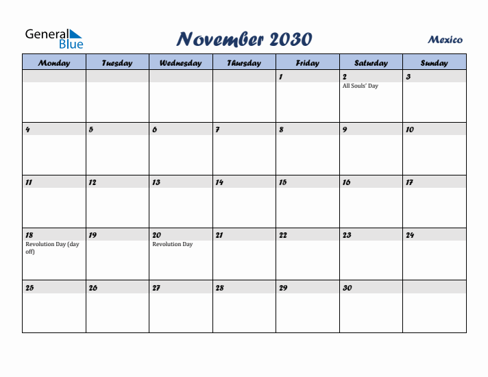 November 2030 Calendar with Holidays in Mexico