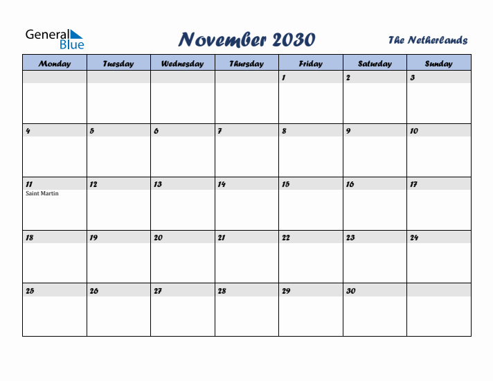 November 2030 Calendar with Holidays in The Netherlands