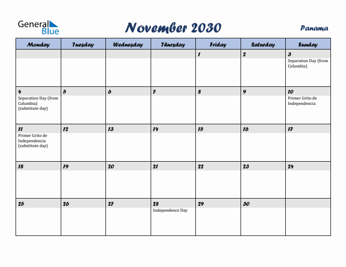 November 2030 Calendar with Holidays in Panama
