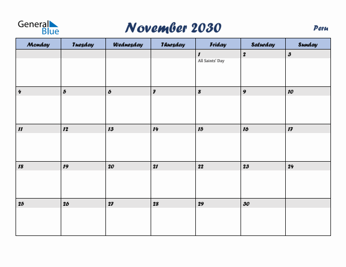 November 2030 Calendar with Holidays in Peru