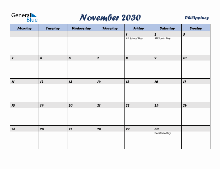November 2030 Calendar with Holidays in Philippines
