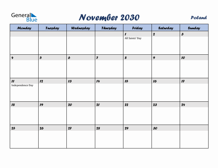 November 2030 Calendar with Holidays in Poland