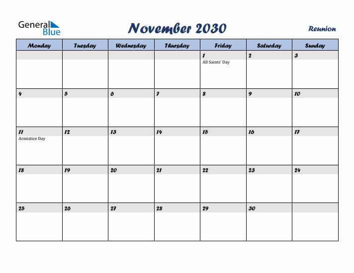 November 2030 Calendar with Holidays in Reunion