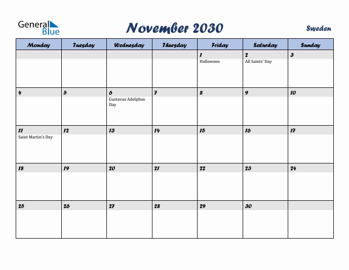 November 2030 Calendar with Holidays in Sweden