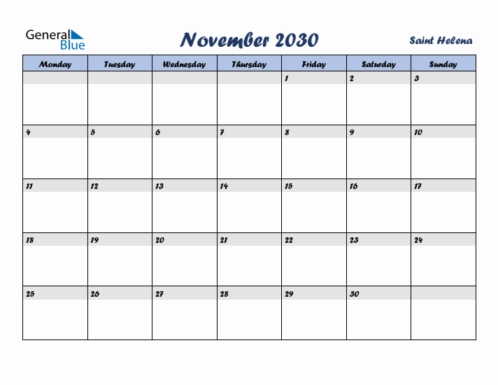 November 2030 Calendar with Holidays in Saint Helena