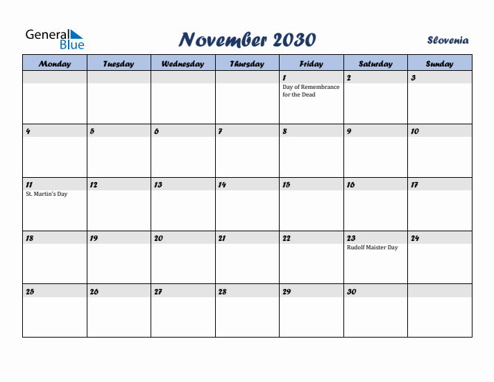 November 2030 Calendar with Holidays in Slovenia