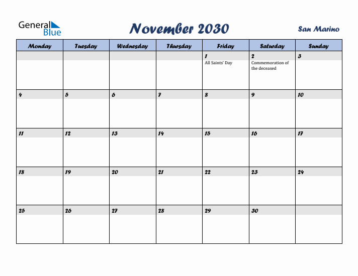 November 2030 Calendar with Holidays in San Marino