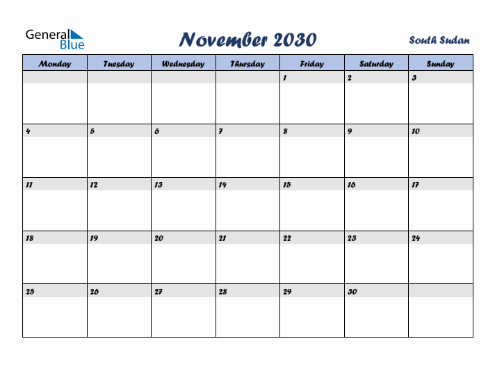 November 2030 Calendar with Holidays in South Sudan