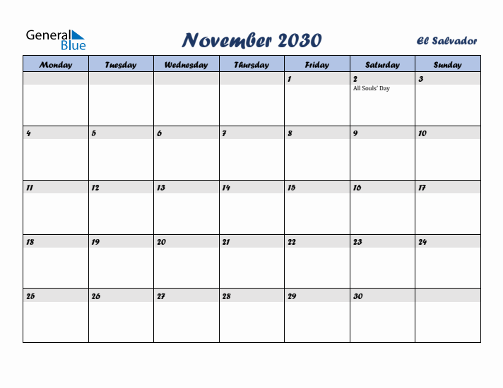 November 2030 Calendar with Holidays in El Salvador