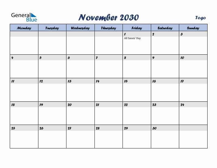 November 2030 Calendar with Holidays in Togo